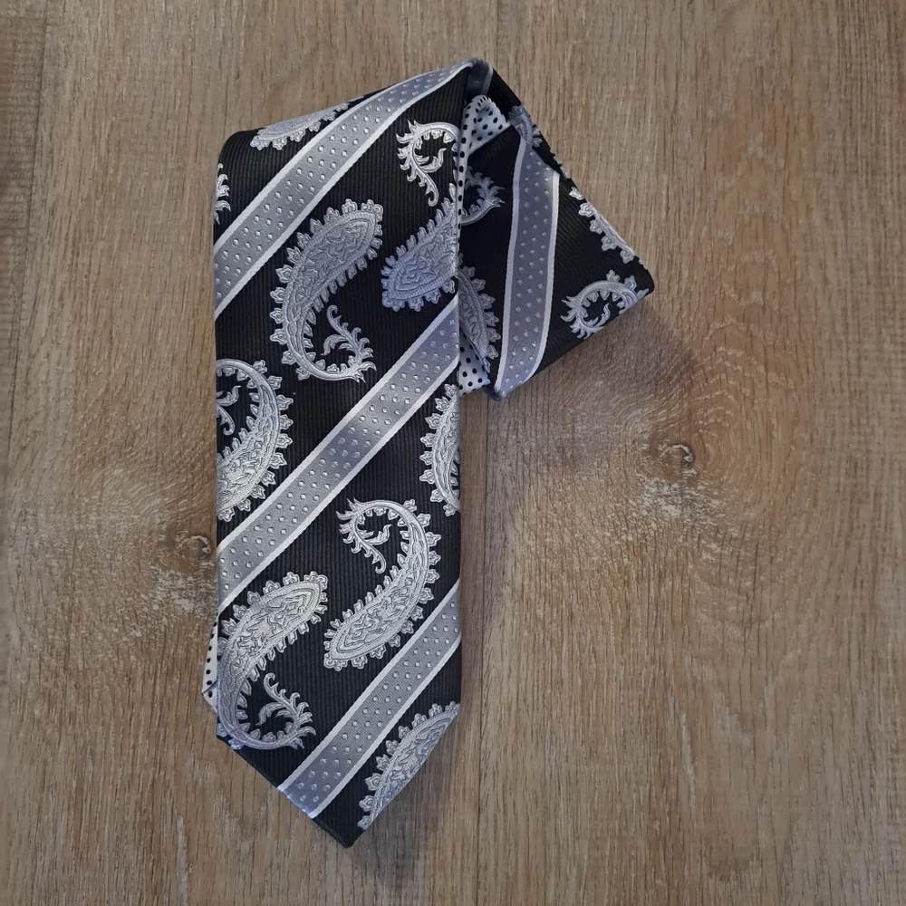 Karl Knox Vintage Silver Black Necktie Elegant Paisley Polka Dot Striped Design